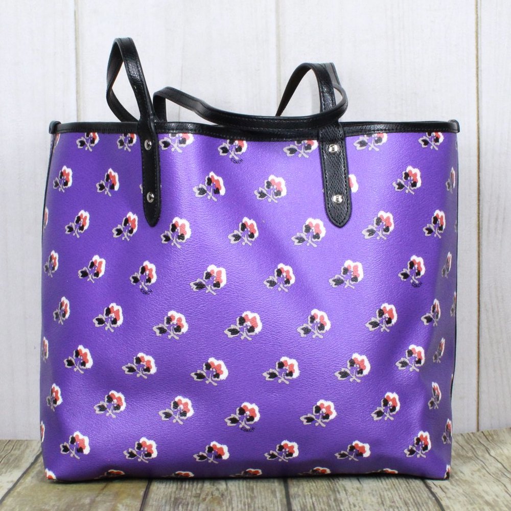 Coach Purple Floral Tote with Black Trim and Wristlet - Picture 6 of 14